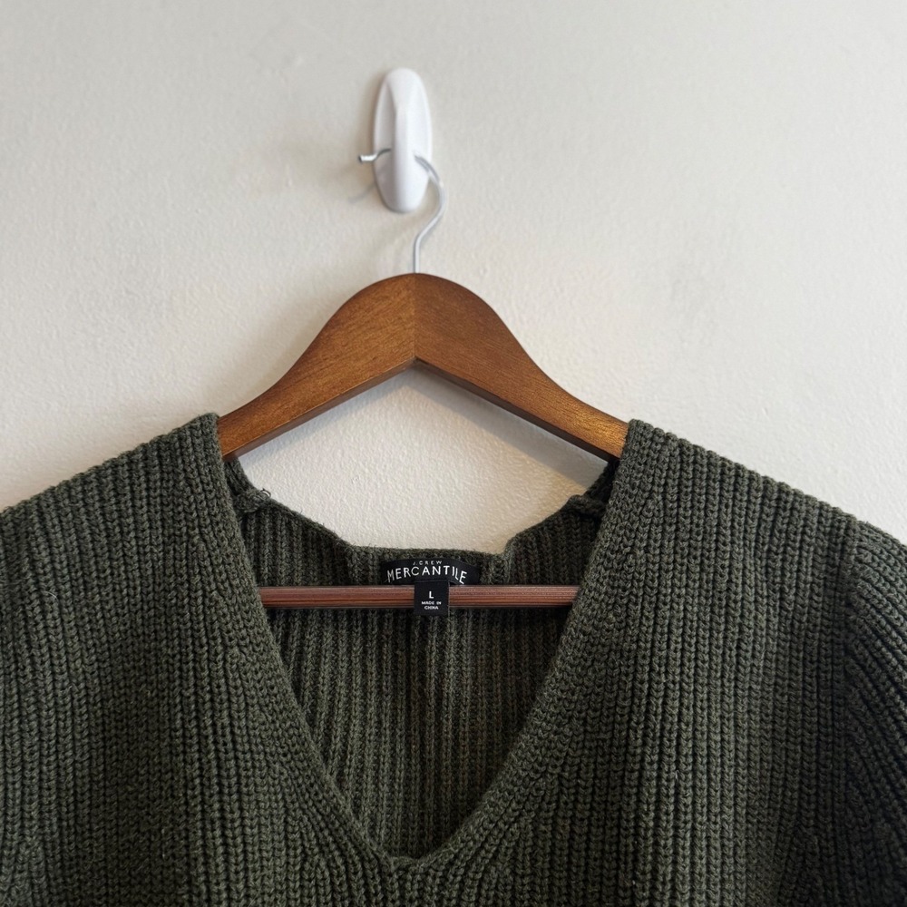 J.Crew Women's Lg Mercantile Green V-Neck Knit Sweater 100% Cotton Fall Staples - Picture 2 of 5